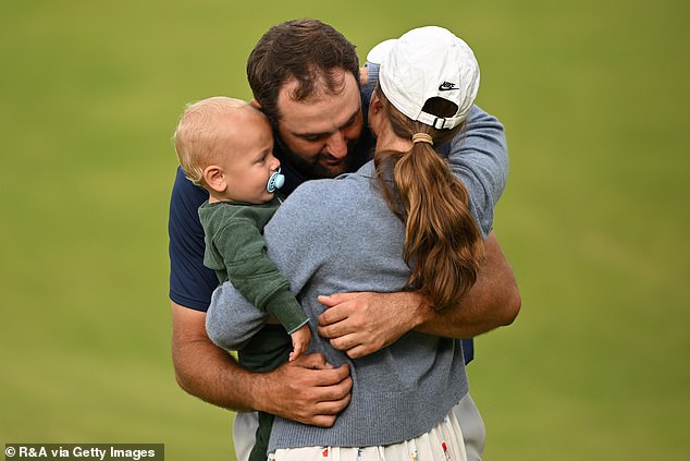 After securing his victory, Scheffler celebrated with his wife Meredith and son Bennett