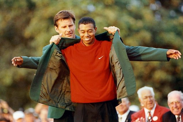 Woods won a staggering eight majors in his first 146 starts, including the 1997 victory at Augusta pictured here