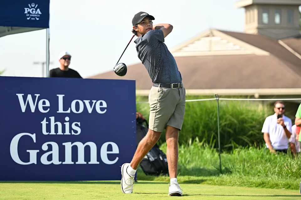 WEST LAFAYETTE, IN - JULY 30: Charlie Woods hits his tee shot on the 10th hole during the second round of the 2025 Junior PGA Championship at Birck Boilermaker Golf Complex on Wednesday, July 30, 2025 in West Lafayette, Indiana. (Photo by Ryan Lochhead/PGA of America)