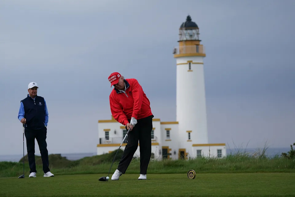 Former US president Donald Trump playing golf at his Trump Turnberry course in South Ayrshire during his visit to the UK. Picture date: Wednesday May 3, 2023. (Photo by Andrew Milligan/PA Images via Getty Images)