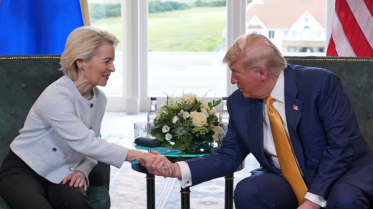 Trump shakes hands with European Commission President Ursula von der Leyen as they meet at the Trump Turnberry golf course in Turnberry, Scotland Sunday, July 27, 2025.