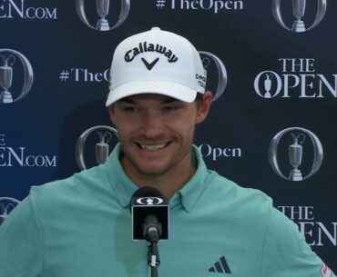 Nicolai Højgaard taler med pressen efter sin sidste runde i The Open Championship.
