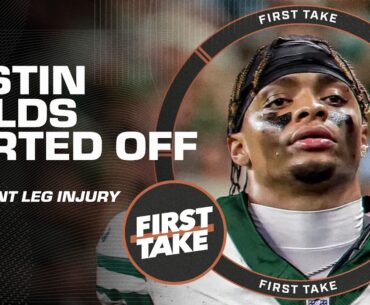 BREAKING: Justin Fields carted off practice field and limping with apparent leg injury | First Take