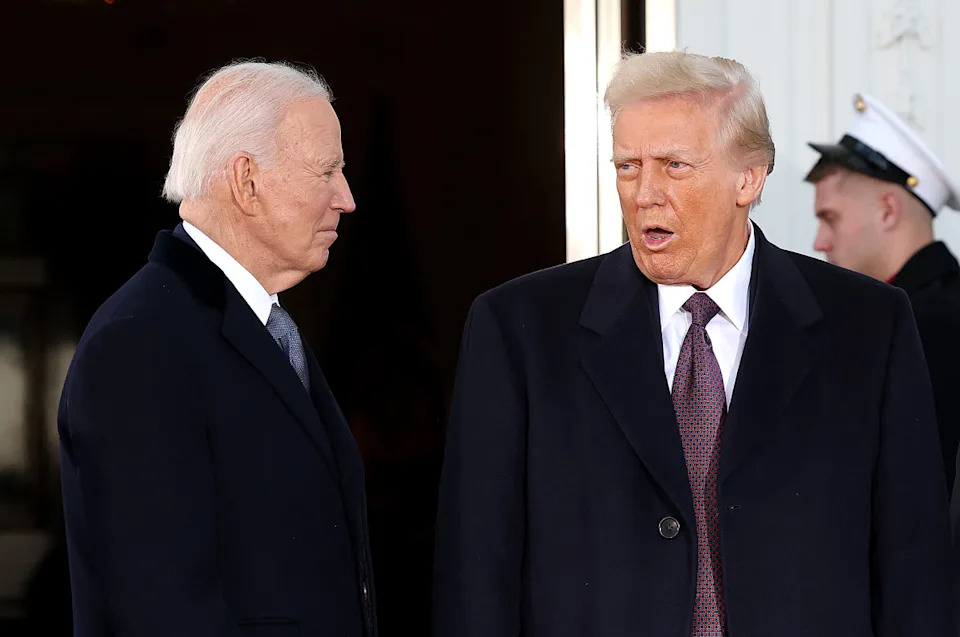 WASHINGTON, DC - JANUARY 20: U.S. President Joe Biden (L) welcomes U.S. President-elect Donald Trump to the White House ahead of inauguration ceremonies on January 20, 2025 in Washington, DC. Donald Trump takes office for his second term as the 47th president of the United States. (Photo by Win McNamee/Getty Images)Win McNamee&sol;Getty Images