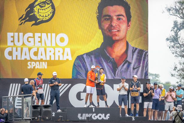Eugenio Lopez-Chacarra of Spain as winner on the podium with Patrick Reed of United States of America 2nd and Paul Casey of England 3rd during Day Three of the LIV Golf Invitational - Bangkok at Stonehill Golf Course on October 09, 2022 in Pathum Thani,
