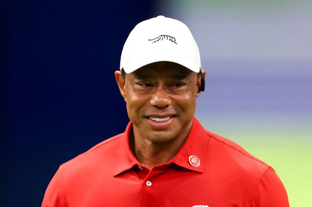 Tiger Woods of Jupiter Links Golf Club looks on while playing the fourth hole during their TGL presented by SoFi match against New York Golf Club against New York Golf Club at SoFi Center on February 18, 2025