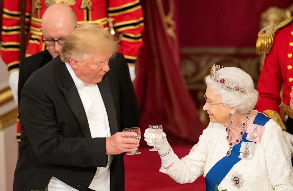 President Donald Trump and Britain's Queen Elizabeth raise their glasses to make a toast at the State Banquet at Buckingham Palace in London, Britain, June 3, 2019.