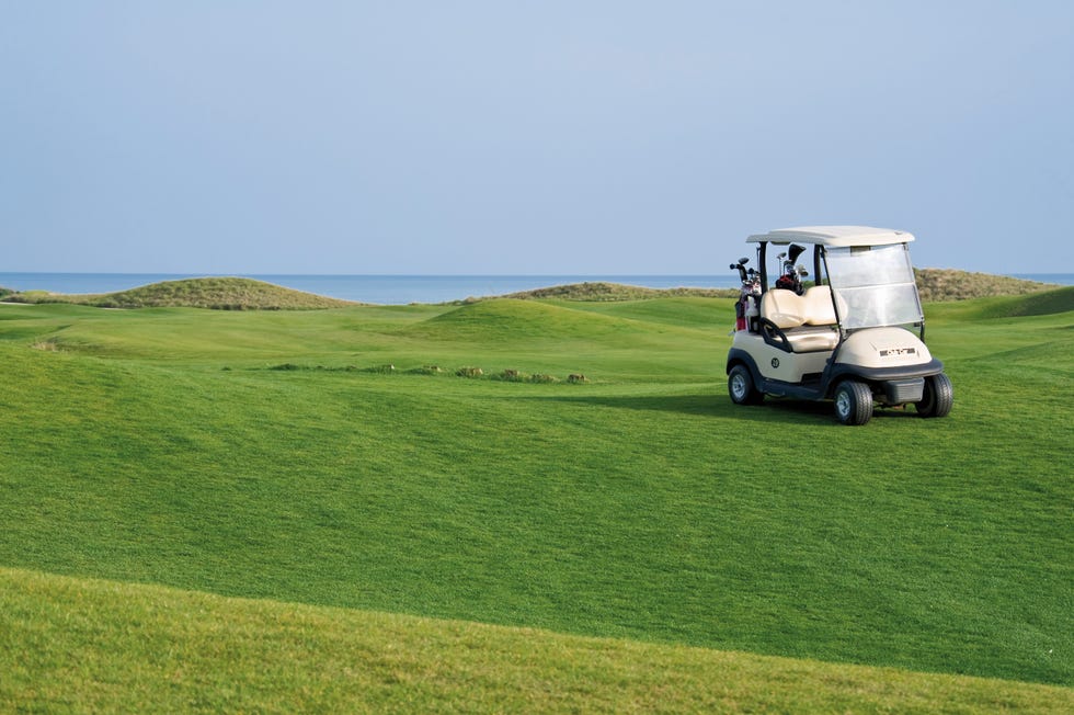 Golf cart on meadow at golf course