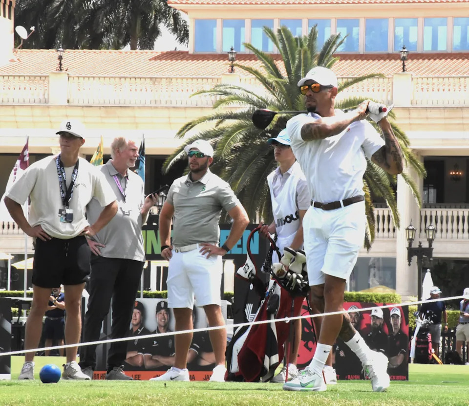 Former Florida Gators and National Football League cornerback Joe Haden tees off during Thursday's LIV Golf Pro-Am event on April 3, 2025.