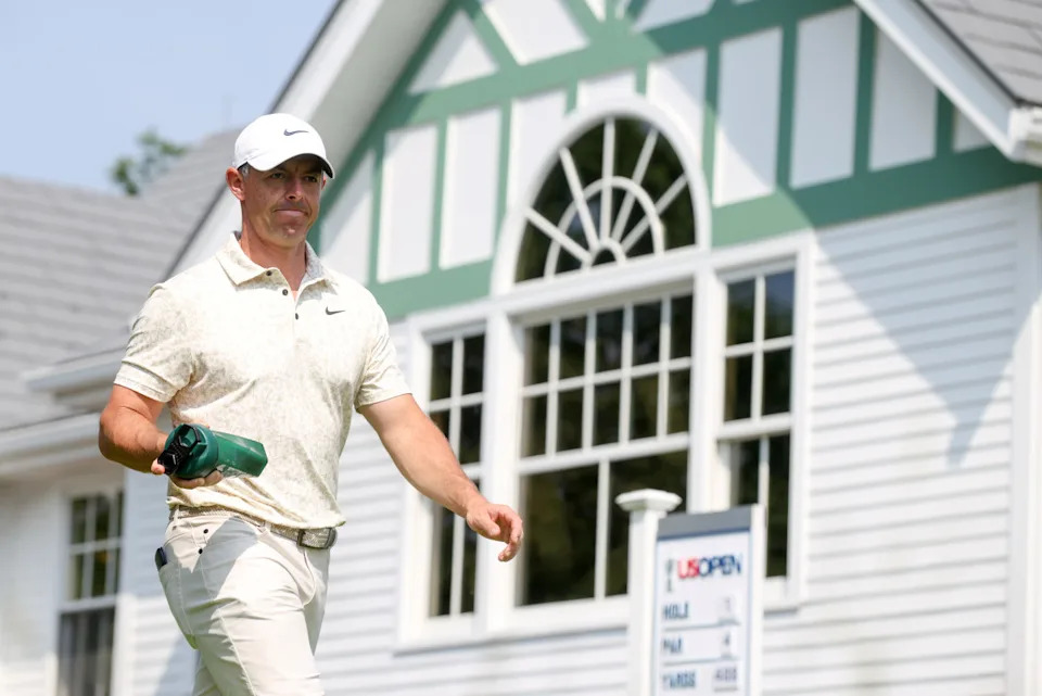 Jun 12, 2025; Oakmont, Pennsylvania, USA; Rory McIlroy walks off the first tee during the first round of the U.S. Open golf tournament.