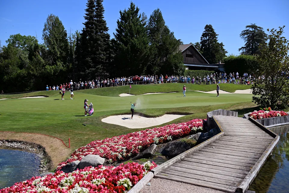 A general view as Brooke M. Henderson of Canada plays a shot from a bunker on the fifth hole during Round One of The Amundi Evian Championship 2025 at Evian Resort Golf Club on July 10, 2025 in Evian-les-Bains, France.