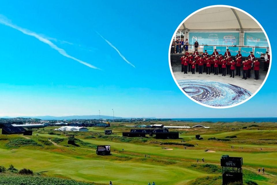 The Open Championship tee-times could be moved due to a clash with a parade by the Portrush Sons of Ulster who (inset) played in the town centre as the third round of the Open Championship reached its conclusion back in 2019.