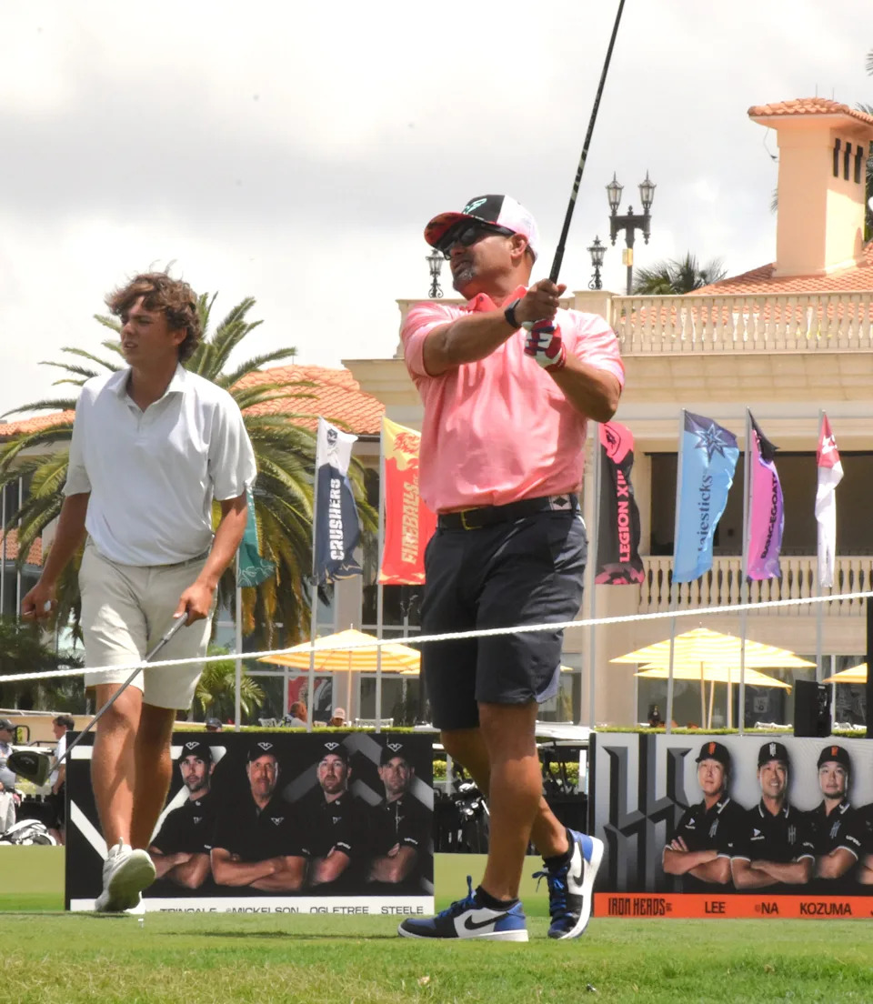 Former Major League Baseball star Shane Victorino tees off on the first hole during Thursday's LIV Golf Pro-Am event on April 3, 2025.