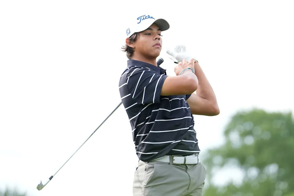 BLOOMFIELD HILLS, MICHIGAN - JULY 22: Charlie Woods of the United States plays his shot from the fourth tee on day one of the 76th U.S. Junior Amateur Championship on the North Course at Oakland Hills Country Club on July 22, 2024 in Bloomfield Hills, Michigan. (Photo by Raj Mehta/Getty Images)Raj Mehta&sol;Getty Images