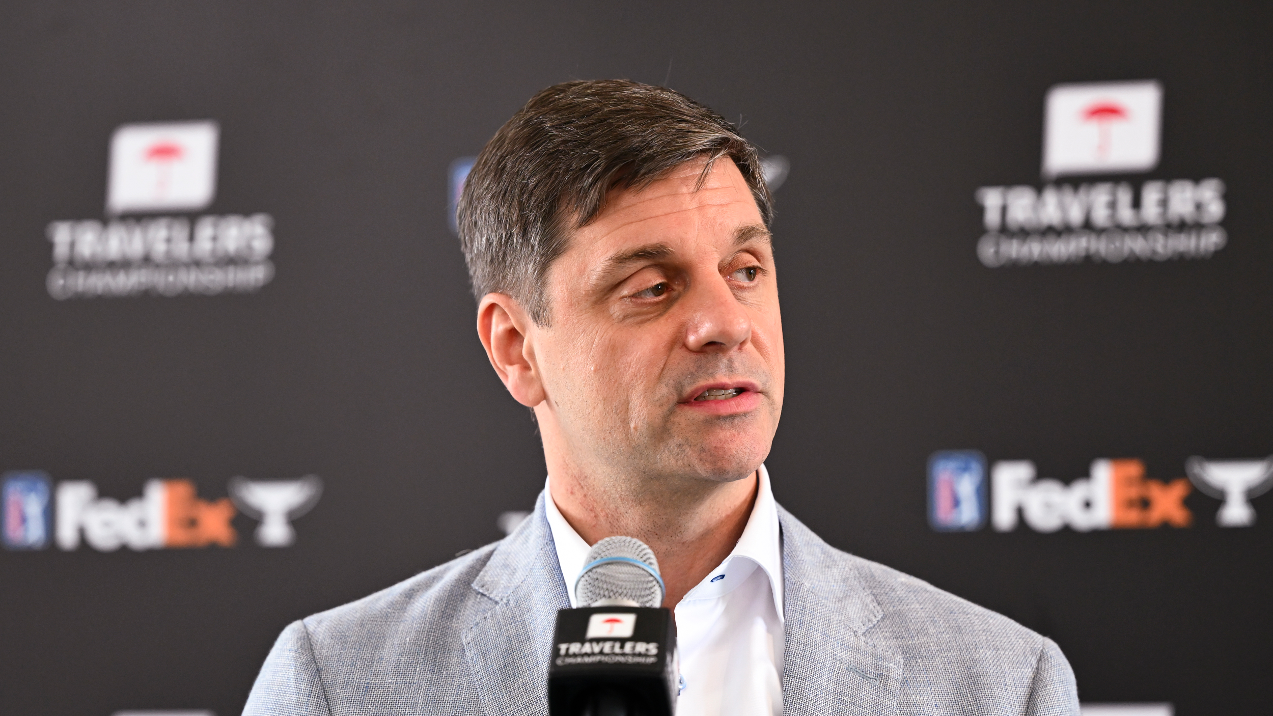 Brian Rolapp speaks to the media during his unveiling press conference ahead of the Travelers Championship