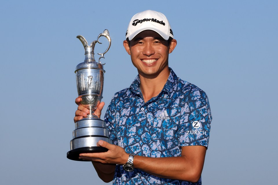 SANDWICH, ENGLAND - JULY 18: Open Champion, Collin Morikawa of United States poses with the Claret Jug on the 18th hole  during Day Four of The 149th Open at Royal St Georges Golf Club on July 18, 2021 in Sandwich, England. (Photo by David Cannon/R&A/R&A via Getty Images)