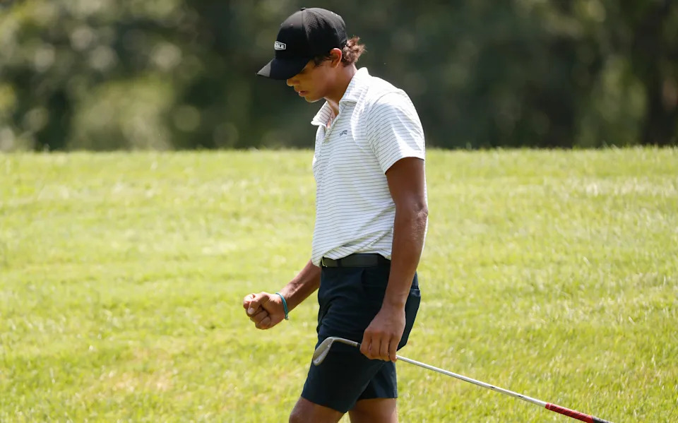 Charlie Woods gives a fist pump Tuesday, July 29, 2025, during the Junior PGA Championship at the Purdue Birck Boilermaker Golf Complex in West Lafayette, Indiana.