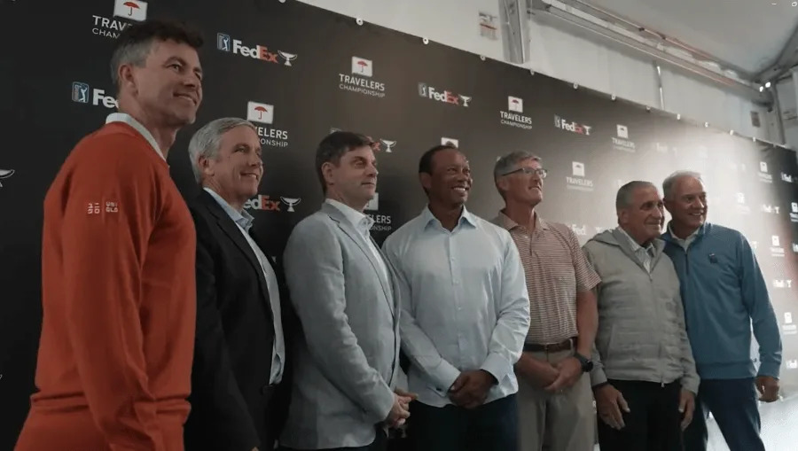 Tiger Woods appears at Travelers Championship for CEO announcement on June 17, 2025.