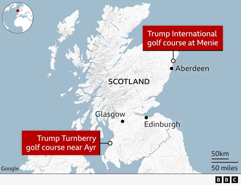 Map of Scotland showing Trump's golf courses at Turnberry and Menie