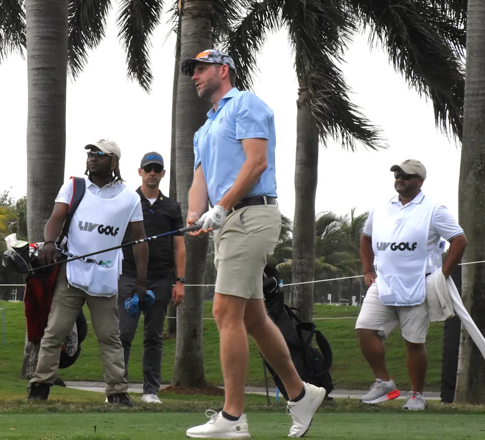 Eric Trump, son of United States President Donald Trump, tees off during Thursday's LIV Golf Pro-Am event on April 3, 2025.