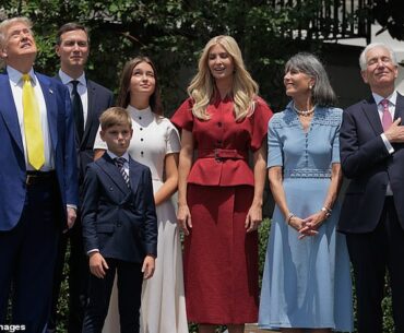 Trump, Jared Kushner, his children Arabella and Theodore, Ivanka Trump, Seryl Kushner and U.S. Ambassador to France Charles Kushner attend a flag-raising ceremony