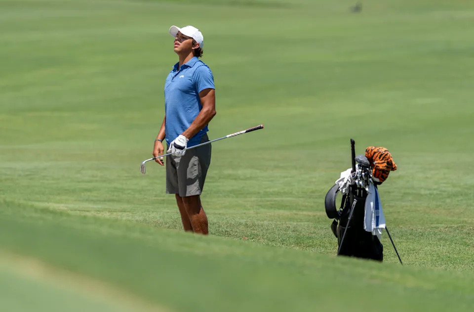 Charlie Woods looks to see where his shot landed during the 41st Nicklaus Junior Championship at the Tequesta Country Club on June 23, 2025 in Tequesta, Florida.