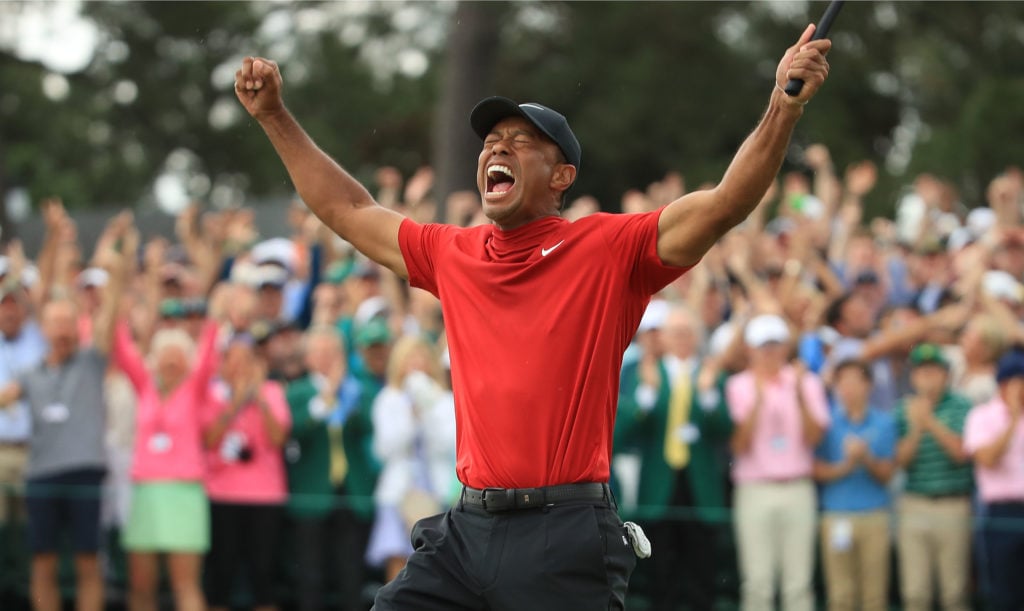 Tiger Woods celebrates after winning The Masters in 2019