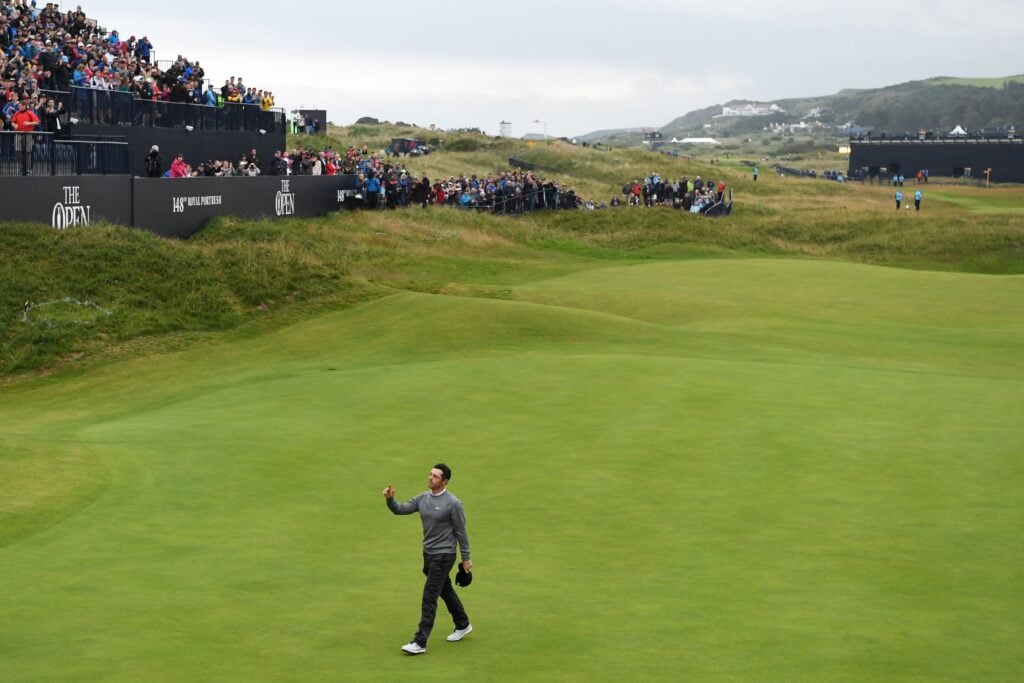 Rory McIlroy waves to the crowd after the second round of the 2019 Open Championship