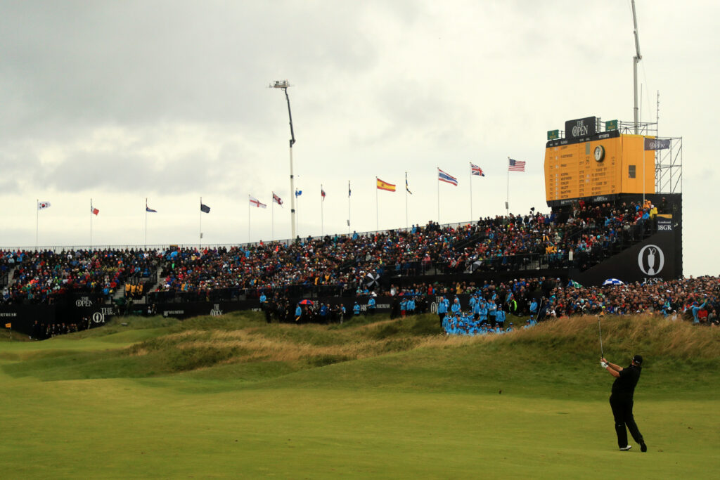 Shane Lowry of Ireland plays a shot on the 18th hole at Royal Portrush