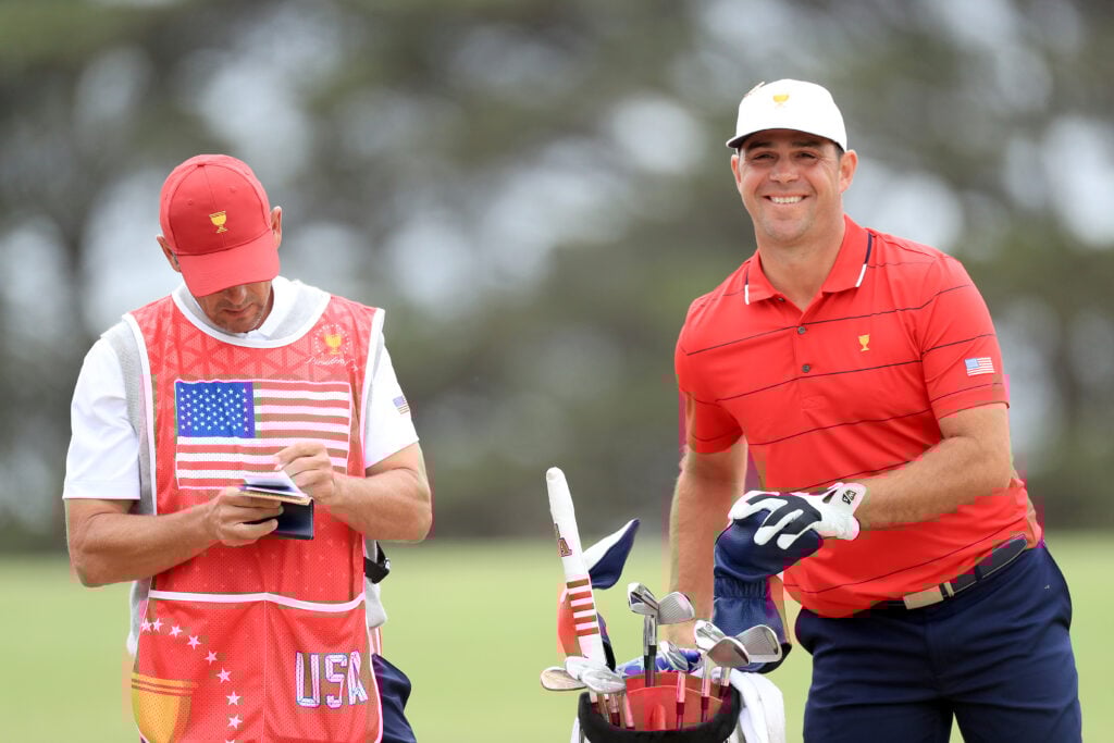 Gary Woodland with his caddie at the 2019 Presidents Cup