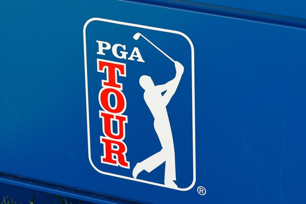 The PGA Tour logo displayed ahead of the Travelers Championship in 2023.