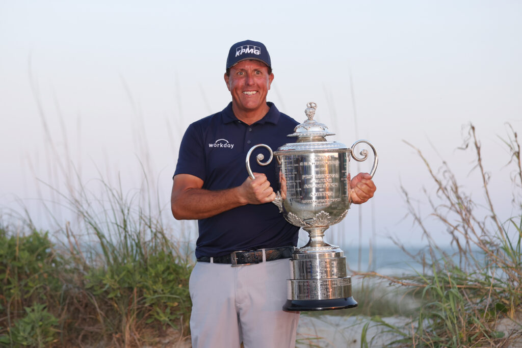 Phil Mickelson celebrates winning the 2021 PGA Championship