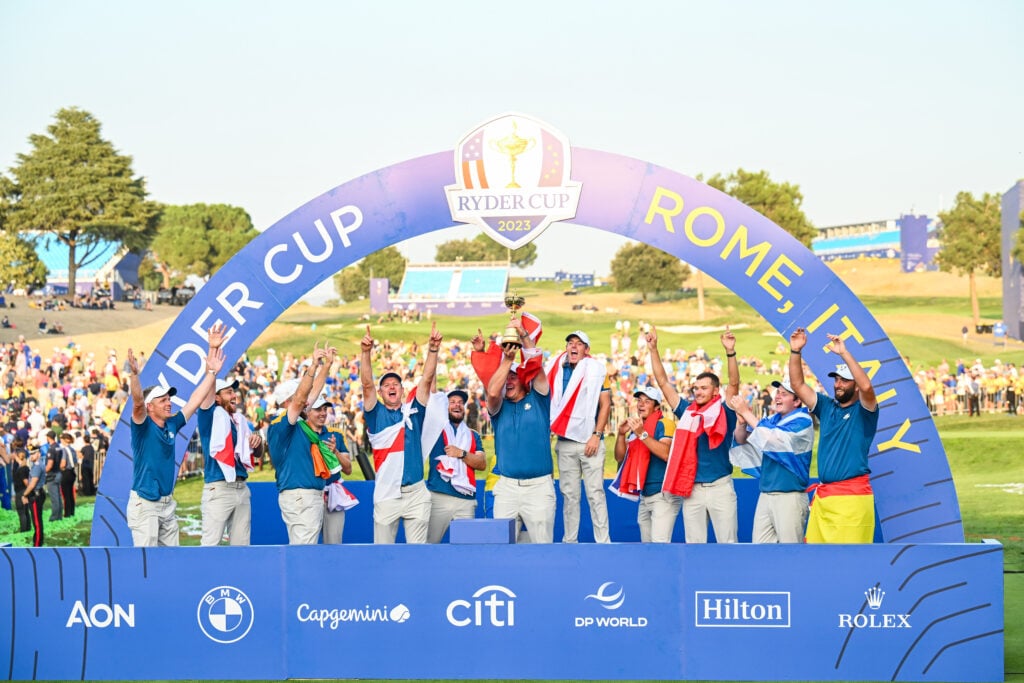 The European Ryder Cup team celebrate at Marco Simone Golf Club in 2023
