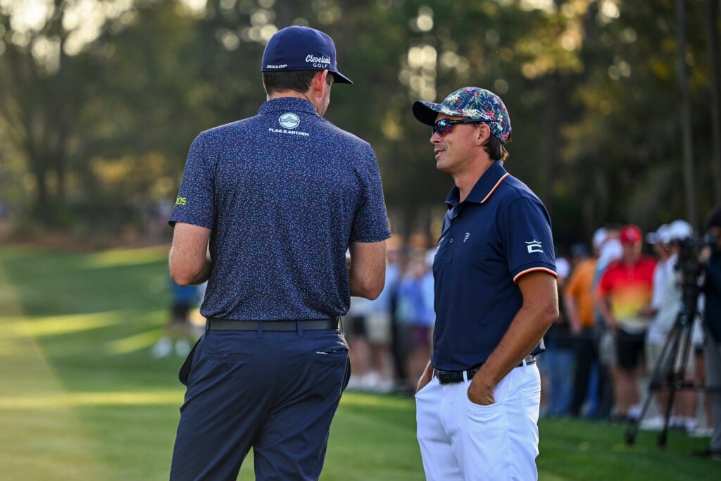 Keegan Bradley and Rickie Fowler chatting on the 10th tee during the second round of THE PLAYERS Championship in 2025