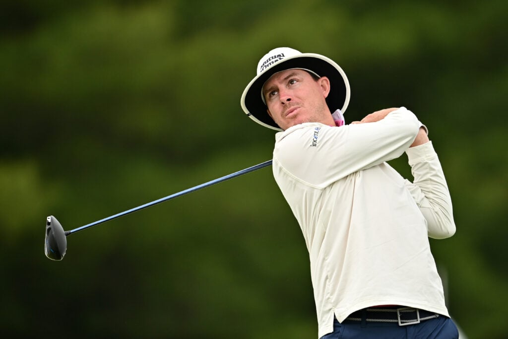Joel Dahmen tees off on the ninth hole during the first round of the RBC Canadian Open