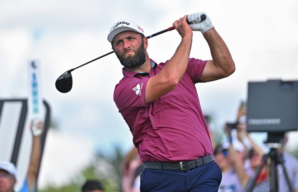 Jon Rahm hits tee shot at LIV Golf Dallas