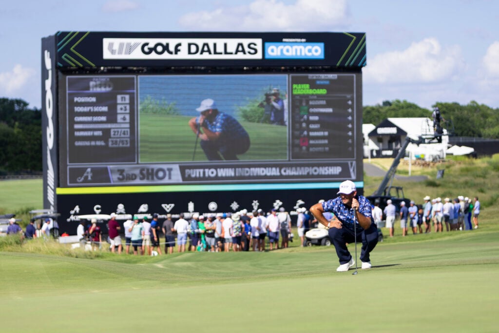 Patrick Reed lines up a putt during the final round of LIV Golf Dallas