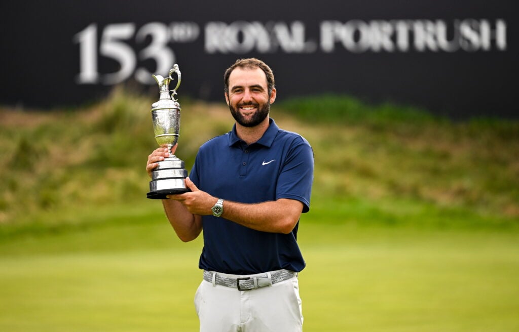 Scottie Scheffler holds aloft the Claret Jug after winning The 153rd Open Championship