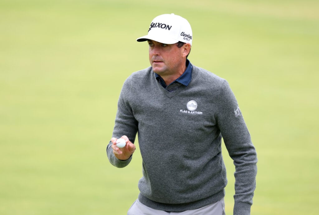Keegan Bradley acknowledges the crowd on day one at The Open