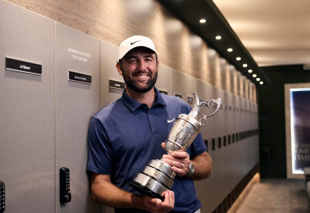 Scottie Scheffler holding the Claret Jug after winning The 153rd Open Championship