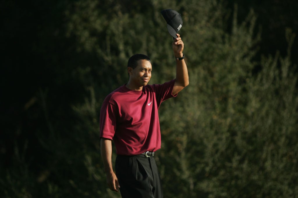 Tiger Woods acknowledges the crowd during the Target World Challenge