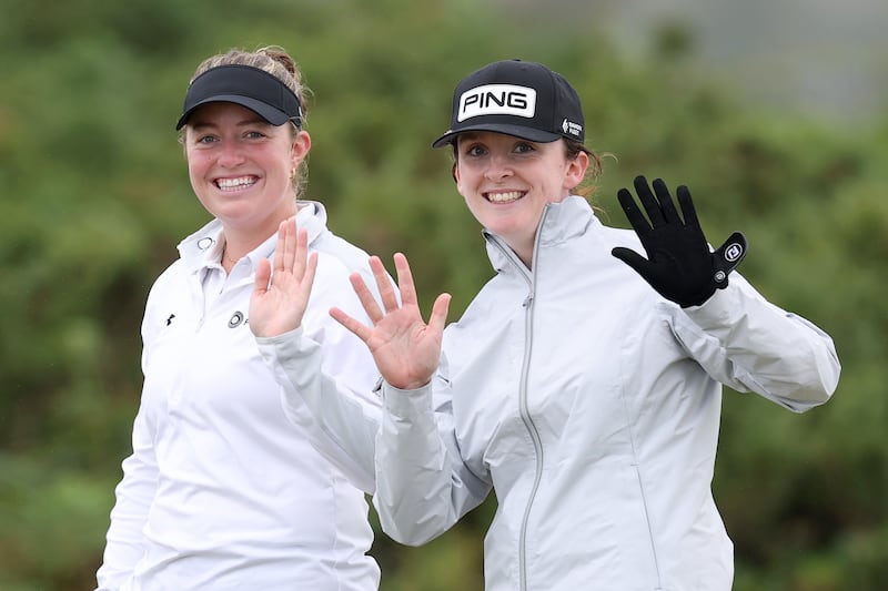 Ireland's Lauren Walsh and Anna Foster during a practice round ahead of the AIG Women's Open at Royal Porthcawl. Photograph: Warren Little/Getty Images