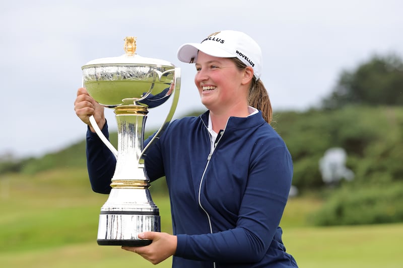 Lottie Woad after winning the 2025 Women's Scottish Open at the Dundonald Links, Irvine. Photograph: Steve Welsh/PA