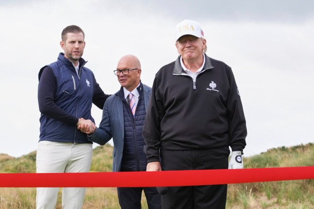President Donald Trump smiles during the opening ceremony for the Trump International Golf Links golf course, near Aberdeen, Scotland, Tuesday, July 29, 2025. (AP Photo/Jacquelyn Martin)