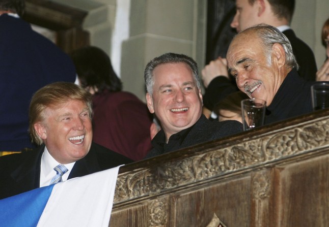 NEW YORK - APRIL 3: (L-R) Donald Trump, First Minister of Scotland Jack McConnell and Sean Connery talk at the Johnnie Walker Dressed to Kilt fashion show at St John Divine Cathedral on April 3, 2006 in New York City. (Photo by Brad Barket/Getty Images)
