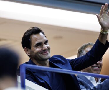 Sep 3, 2024; Flushing, NY, USA; Roger Federer watches Aryna Sabalenka of Russia playing Qinwen Zheng of China on day nine of the U.S. Open tennis tournament at the USTA Billie Jean King National Tennis Center.