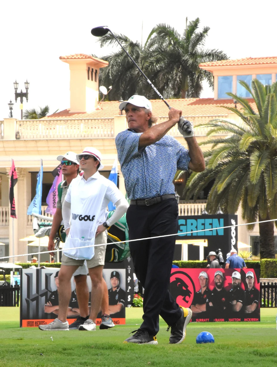 Former National Football League quarterback Doug Flutie tees off on the first hole during Thursday's LIV Golf Pro-Am event on April 3, 2025.