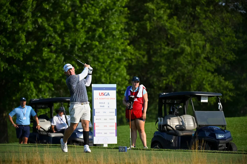 Lachlan Wood plays first shot on the second hole during the second round of the 2025 U.S. Adaptive Open at Woodmont Country Club (South Course) in Rockville, Md. on Tuesday, July 8, 2025.
