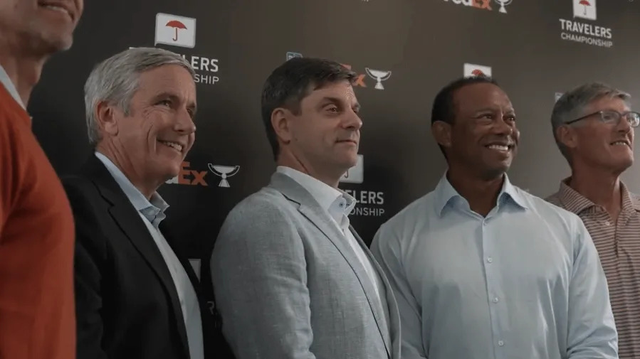 Tiger Woods appears at Travelers Championship for CEO announcement on June 17, 2025.