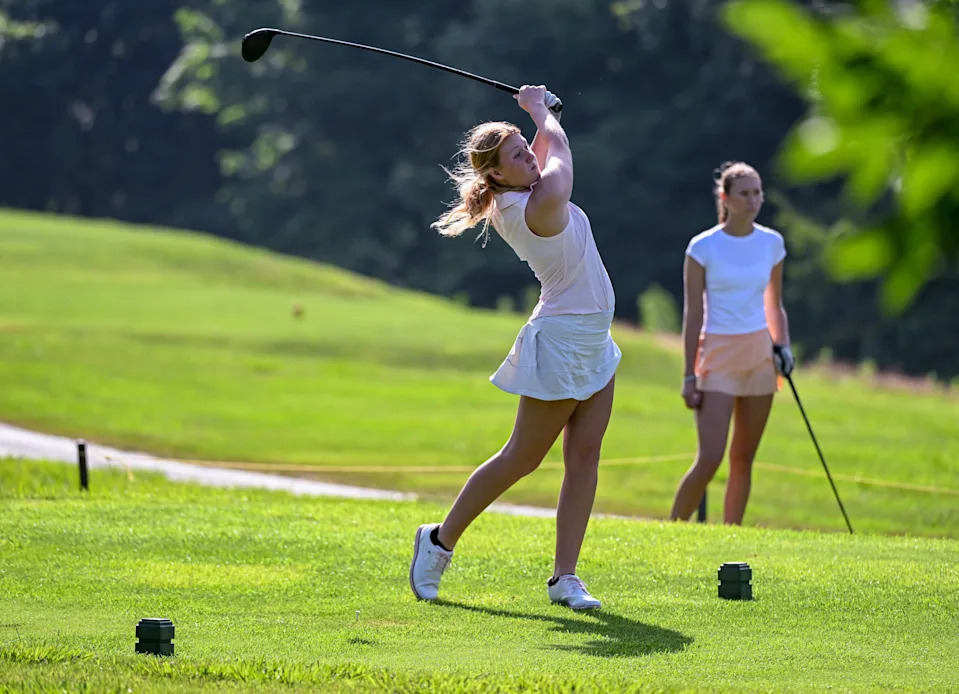 Mira Bruce hits a tee shot during the semi-finals in the Women's Championship division in the City Golf Tournament at Cascades Golf Course on Saturday, July 12, 2025.